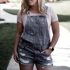 Distressed denim shortalls